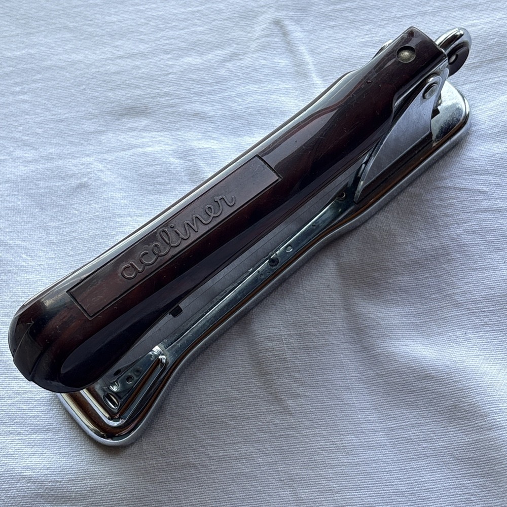 Ace Liner 502 Vintage Stapler Brown Swirl Marble Bakelite & Chrome Made In USA